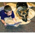 boy reading a book with a therapy dog