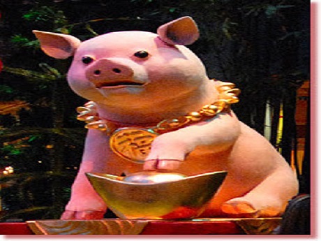 crafted pig with gold chain that has luck on it touching a gold ingot