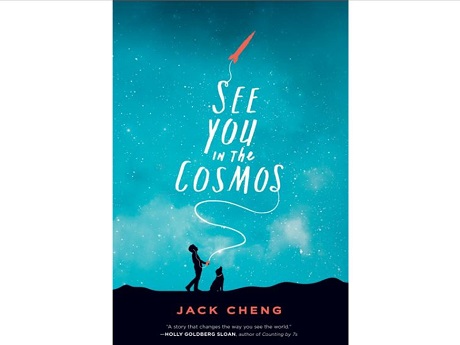 "See You in the Cosmos" book cover featuring a young boy and his dog looking up at the stars