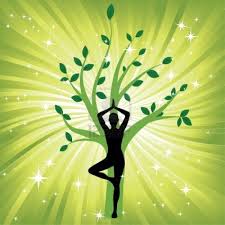 a shadow of a person doing tree pose with a lightened tree behind