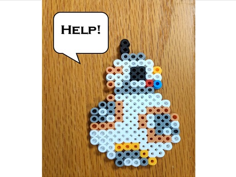 Perler bead BB-8 shape with caption "HELP!"