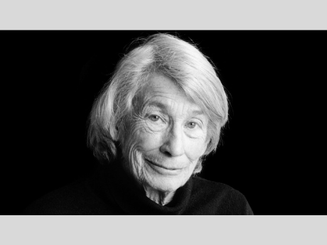 Black and white photograph of poet Mary Oliver.