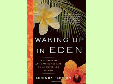 Cover art for Waking Up in Eden, featuring two flower blossoms and a palm frond.