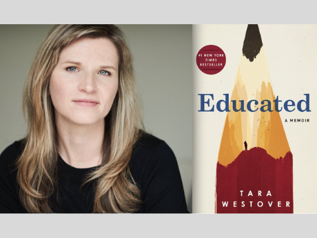 Cover art of the book Educated, featuring a image of a sharpened pencil, next to a photograph of the author, Tara Westover.
