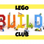 Text says LEGO Build Club. The word build is made of actual LEGOs with minifigures positioned as though building the word.