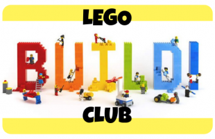 Text says LEGO Build Club. The word build is made of actual LEGOs with minifigures positioned as though building the word.