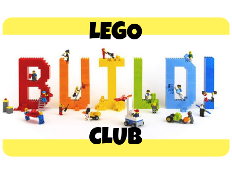 Text says LEGO Build Club. The word build is made of actual LEGOs with minifigures positioned as though building the word.