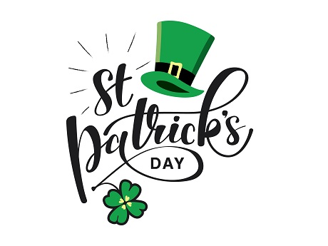 St. Patrick's day text with four leaf clover and green leprechaun hat