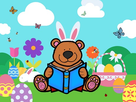 Story Time Bear with Bunny Ears Surrounded by Flowers and Eggs