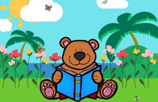 Story Time Bear on green grass with background flowers, palm trees, and ocean