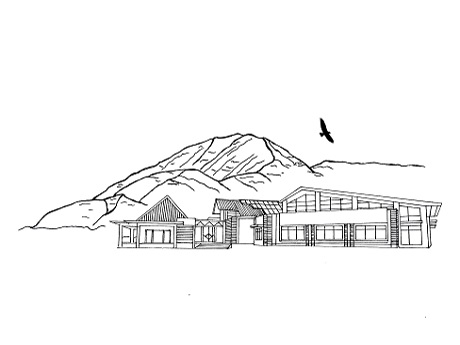 Sketch of Nanakuli Public Library surrounded by mountains with a hawk soaring above