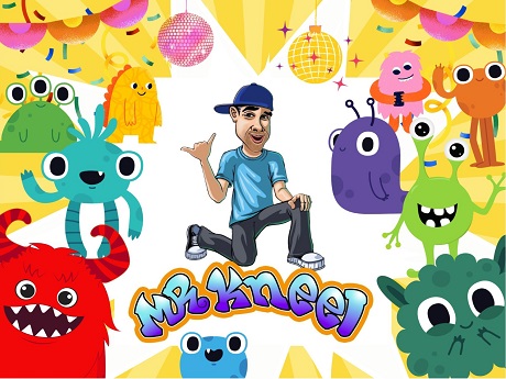 Mr Kneel graphic surrounded by cute monsters on a dance floor