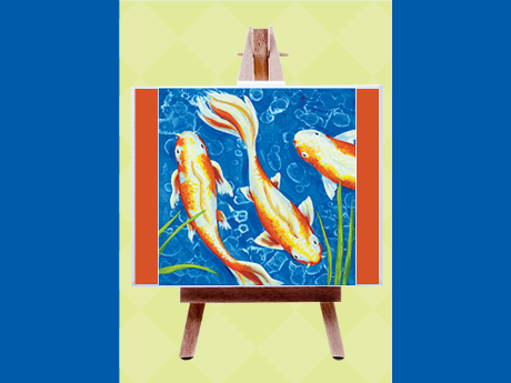 Painting of koi swimming displayed on an easel.