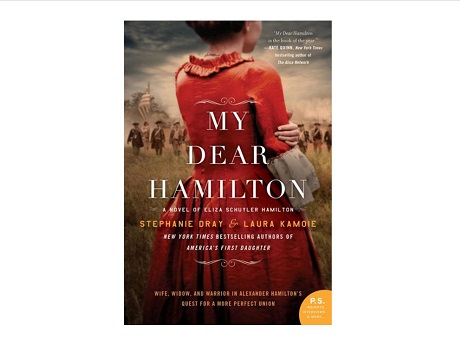 Book cover with title superimposed over the back of a woman in a red dress looking out across a battlefield