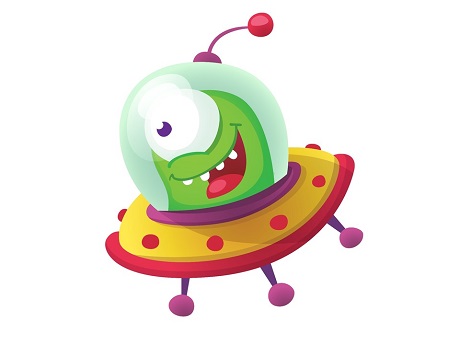 Green alien in flying saucer