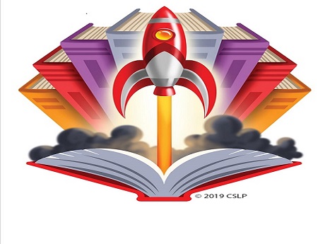 cartoon rocket ship blasting off out of a book with books in the background