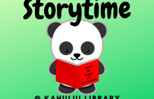 Panda Bear reading with text that says Storytime at Kahului Library