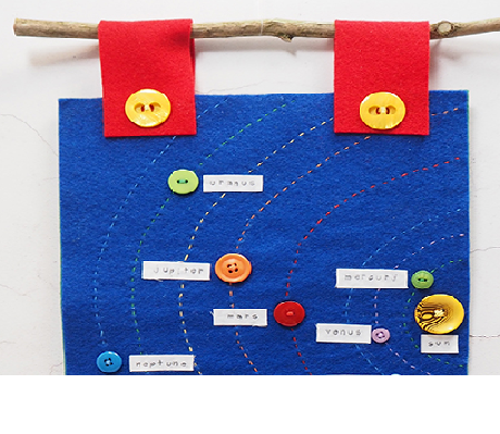 Hand sewn felt solar system with plastic buttons