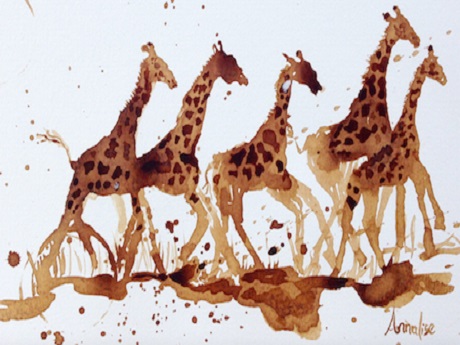 watercolor of 5 giraffes