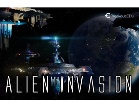 space-scape with caption Alien Invasion and corner legend Breakout EDU