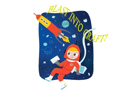 Keiki astronaut watching a space rocket fly by with program title above