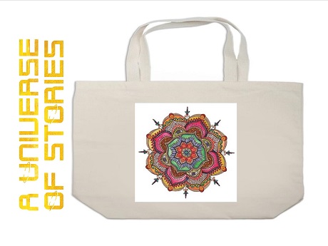 A Universe of Stories logo next to a tote bag with a mandala drawn on the front