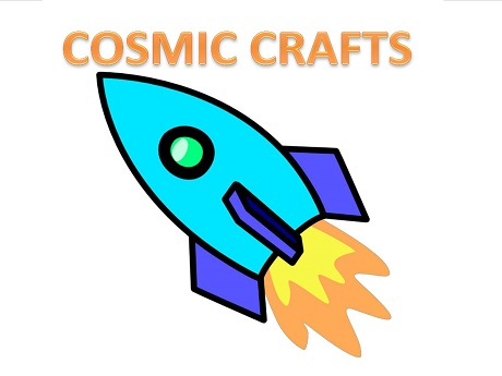 Cosmic Craft Logo with blue rocketship with big flame on its thrusters