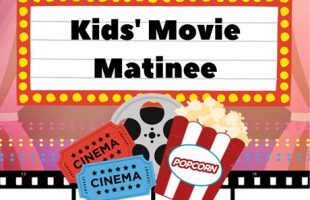 Movie Marquee with the words Kids' Movie Matinee surrounded by pink curtains