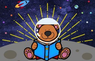 Story Time Bear with an Astronaut Helmet Sitting on the Moon