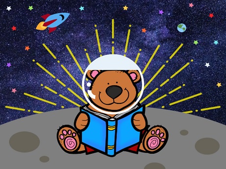 Story Time Bear with an Astronaut Helmet Sitting on the Moon