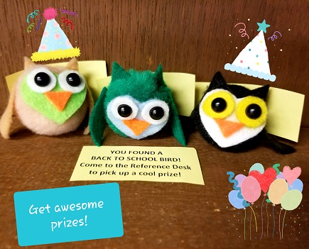 Pompom Owls with party hats and balloons. Text says, "Get awesome prizes!"