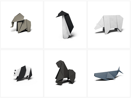 origami elephant, penguin, bear, panda, gorilla and whale