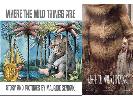 two window, left side: Book cover: A wild creature with horns sitting peacefully in a forest near water, right side movie poster: a tall wild creature with arms around a crying kid's shoulder