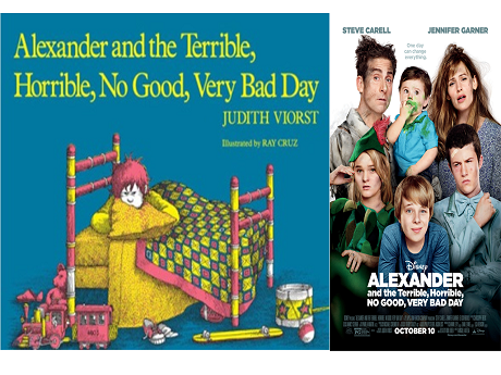 two window, left side book cover of a grumpy kid in bed with toys on the ground, right side movie poster with the family posing, looking like they have had a long day