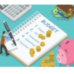 budget notebook, cash, calculator, piggy bank