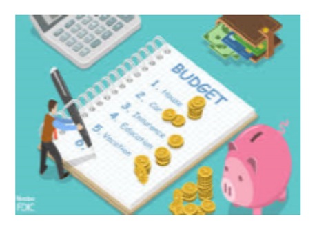 budget notebook, cash, calculator, piggy bank