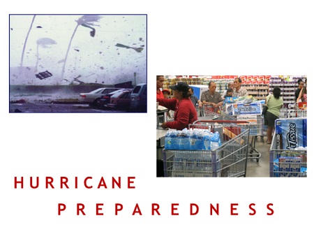Hurricane Preparedness with people in Costco buying water, tissue and winds blowing on a parking lot