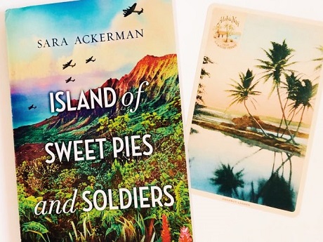 Book Cover: left picture airplanes in the sky with a lush green mountain, an island with palm trees on right picture