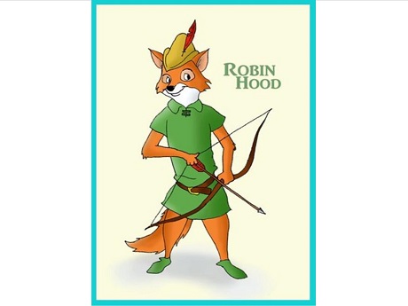 Disney's Robin Hood, a fox, holding a bow and arrow