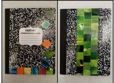 Two samples of notebooks decorated with colorful paper squares.