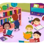 Children in library using books