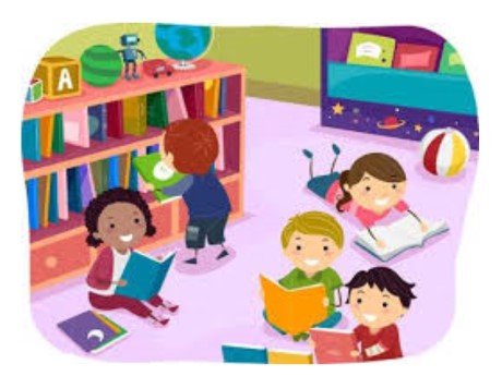 Children in library using books