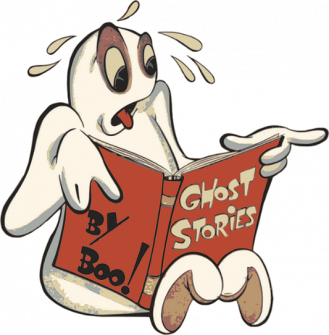 cartoon image of a ghost reading a book