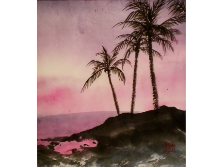 sumi-e style painting of palm trees by Hisae Shouse