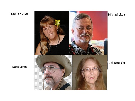 Color composite of 4 photos of Hawaii Fiction Writers group (Laurie Hanan, Michael Little, Gail Baugniet, and Daniel Jones)