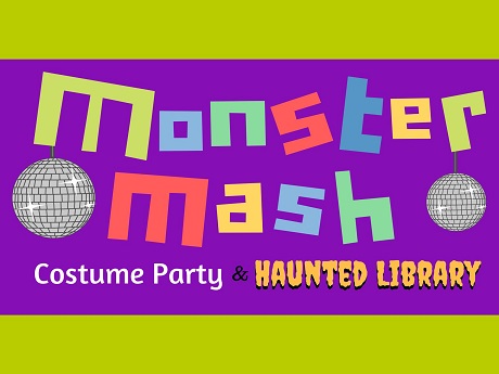 Monster Mash Costume Party and Haunted Library Colored Letters against Purple Background and Green Border