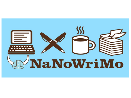 NaNoWriMo Logo displaying a computer, two pens crossed together, hot coffee, paper, and a viking helmet