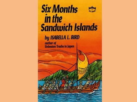 Book Cover: "Six Months in the Sandwich Islands" by Isabella L. Bird, a sea of people paddling a double hulled across an ocean