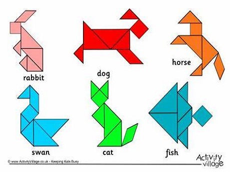 tangrams displaying rabbit, dog, horse, swan, can, and fish