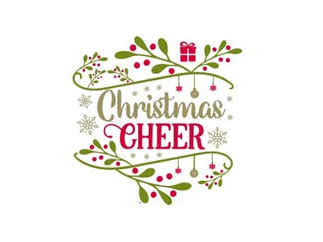text: "Christmas Cheer", Christmas design with snowflakes and ornaments hanging from branch leaves